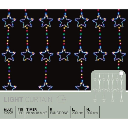 LAMPKI CHOINKOWE KURTYNA ŚWIETLNA 200x200 CM 415LED GWIAZDKI MULTIKOLOR