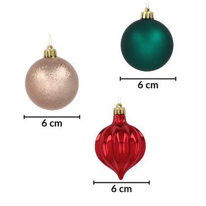 Zestaw 12 bombek choinkowych 6cm – zielone, złote, czerwone, w tubie