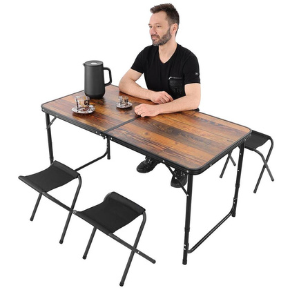 STOLIK TURYSTYCZNY SKŁADANY KEMPINGOWY 120X60X70/62/55CM I 4 KRZESŁA DREWNO