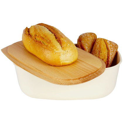 Chlebak pojemnik na pieczywo z drewnianą deską kremowy 39x23,5x15,5 cm