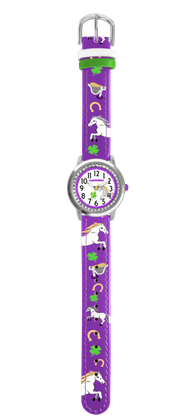 Fioletowy zegarek dla dziewczynek z kamieniami KOŃ