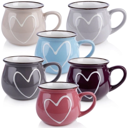 Kubek ceramiczny z uchwytem kolorowe serca zestaw 6 szt. 320 ml