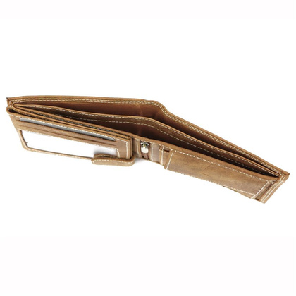 Poziomy, składany portfel męski z zewnętrzną kieszonką na kartę