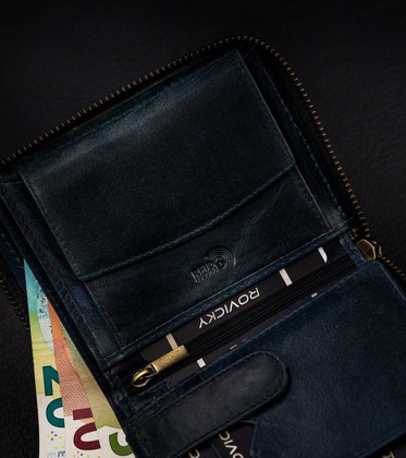 Pionowy portfel męski na zamek z przeszyciami, skóra naturalna