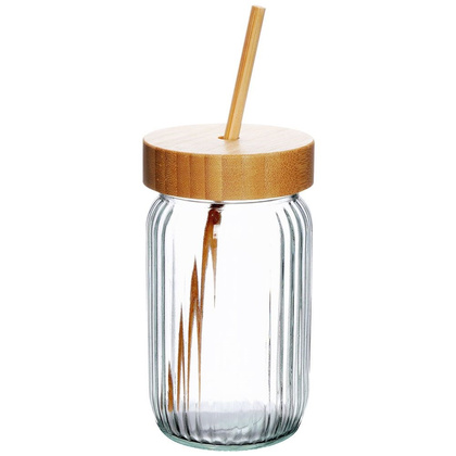Słoik do picia z bambusową pokrywką i słomką 500 ml
