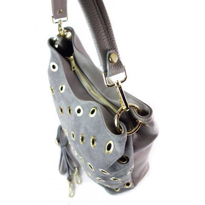 Zamszowy worek, złote okucia,dżety, kółka, Vera Pelle pojemny Szary WK579GZ