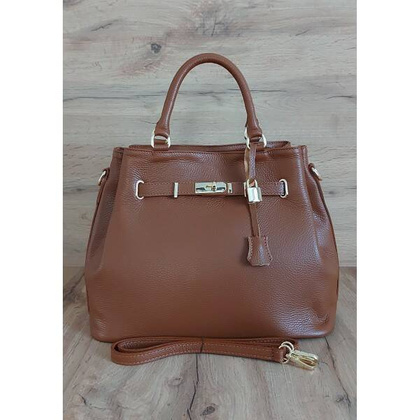 Skórzana Włoska duża torba Vera Pelle,złote okucia ,kłódka Camel BERK753C