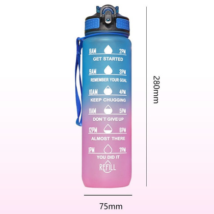 Butelka na wodę, bidon z miarką i słomką 1L OMBRE Niebieski z Fuksją BD18