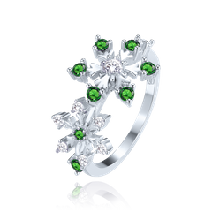 MINET Pierścien srebrny płatek śniegu z białymi i zielonymi cyrkoniami wielkość 13
