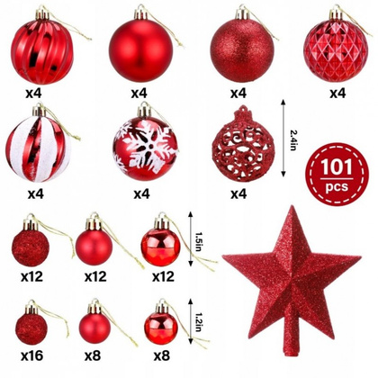 Komplet bombek bożonarodzeniowych 100szt. + gwiazda choinkowa, czerwono białe BSN66