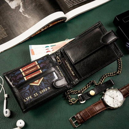 Poziomy portfel męski ze skóry naturalnej z łańcuchem