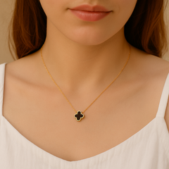 Naszyjnik stal szlachetna pozłacana 14k złotem, czarna koniczynka NST2205