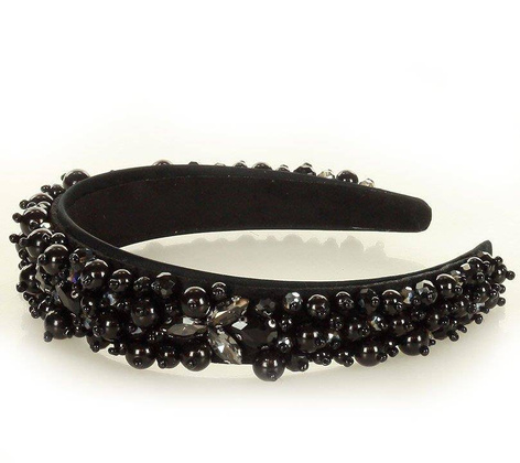 Niepowtarzalna ozdoba opaska na włosy bogate zdobienia na satynie lekki diadem MAZZINI czarny - min. zamówienie 20 / 50 / 100 szt.