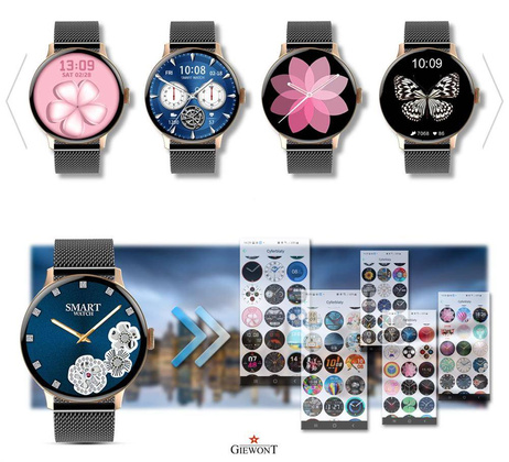 Smartwatch Damski Giewont GW330-4 Różowe Złoto-Róż Pudrowy Pasek Silikonowy + Czarna Bransoleta