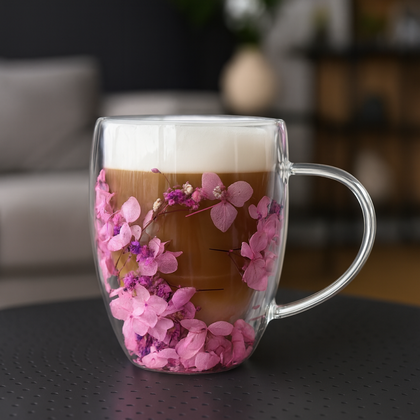 Szklanka termiczna z kwiatami w środku, gipsówka hortensje fiolet, róż 300 ml 1szt SZK201