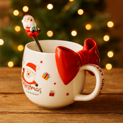 KUBEK ŚWIĄTECZNY Z KOKARDĄ - zestaw w pudełku z łyżeczką 400 ml KB25CZE