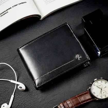 Poziomy, skórzany portfel męski z ozdobnym przeszyciem