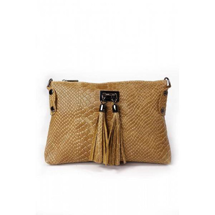 Skórzana włoska listonoszka ,wężowa skórka,frędzelki camel LP149C