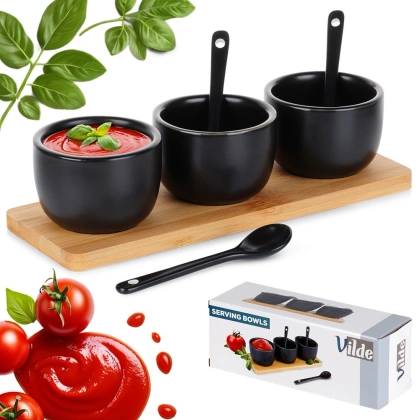 Miseczki na przekąski z łyżeczkami ceramiczne czarne 90 ml 7 el.