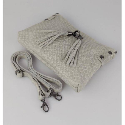 Skórzana włoska listonoszka ,wężowa skórka,frędzelki Beżowa LP149T