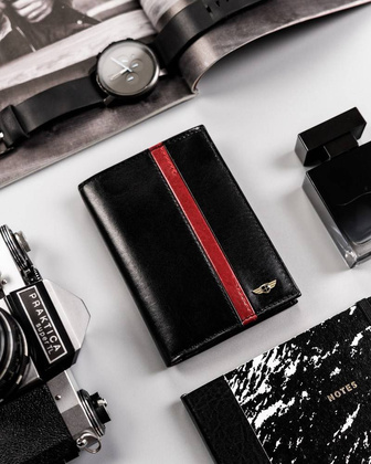 Skórzany portfel męski z czerwonym akcentem