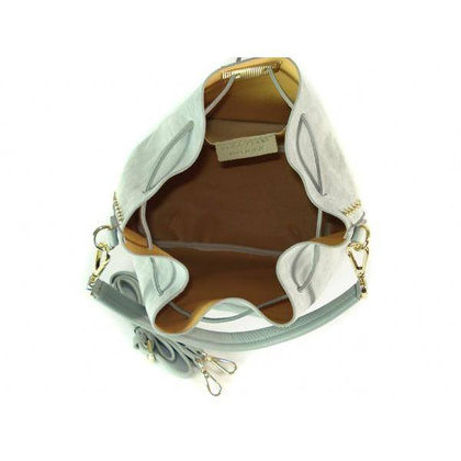 Duży zamszowy skórzany worek na ramię złote okucia dzety szary MK46G