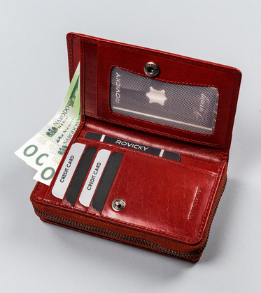 Pionowy portfel damski z bawolej skóry, zamykany na zatrzask, rfid