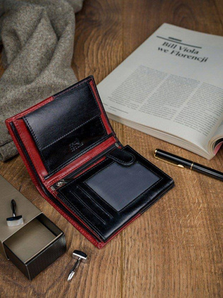 Portfel męski skórzany RFID Rovicky Czarno czerwony