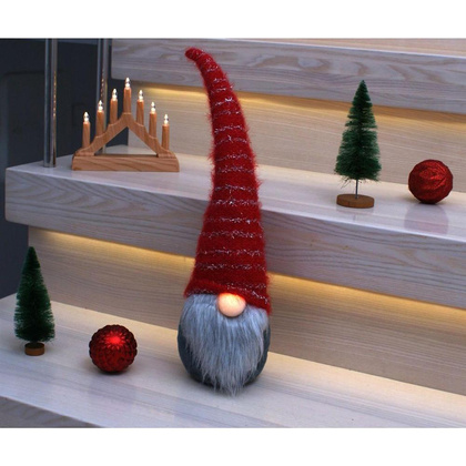 Skrzat gnom krasnal z długą czerwoną czapką 10x9x42CM ze świecącym noskiem