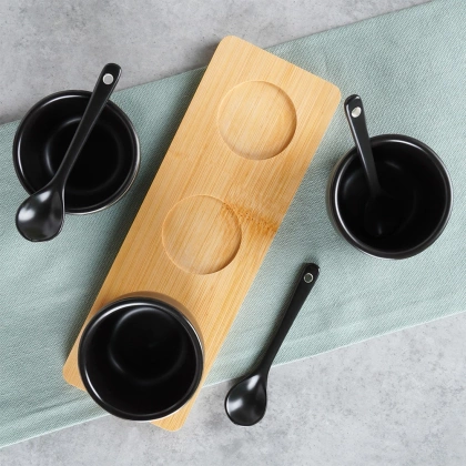 Miseczki na przekąski z łyżeczkami ceramiczne czarne 90 ml 7 el.