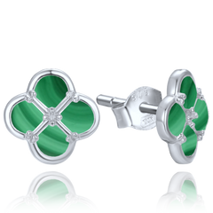 MINET Srebrne kolczyki koniczyna z malachitem