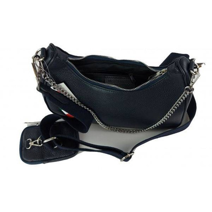 Włoska listonoszka, przewieszka ,Vera Pelle srebrne okucia ,szeroki pasek, Granatowa VP742BS