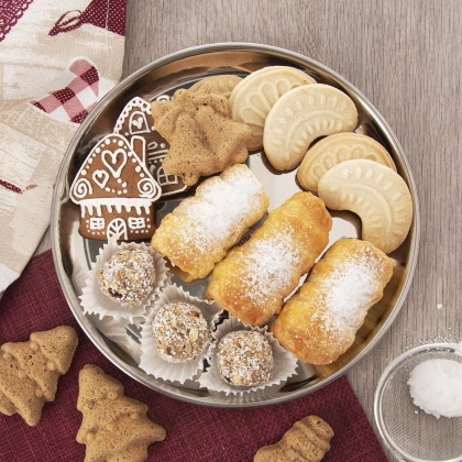 Stalowa taca do serwowania okrągła talerz na przekąski przystawki ciasteczka 28 cm