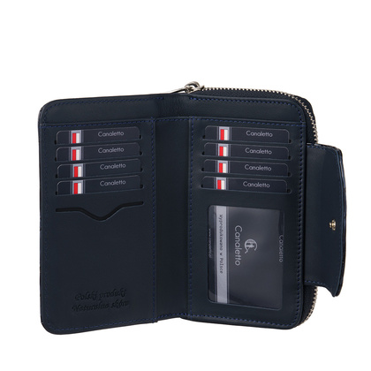 Damski portfel skórzany Canaletto – granatowy lakierowany z RFID | Elegancja i bezpieczeństwo PD1445s287 RFID