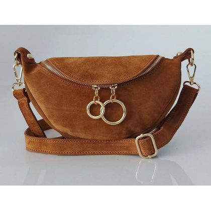 Włoska zamszowa listonoszka, nerka Vera Pelle złote okucia kółka Camel LN633C