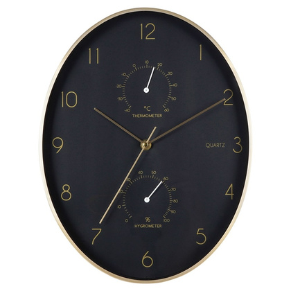 Zegar ścienny czarny złoty z termometrem higrometrem 27x34,5 cm