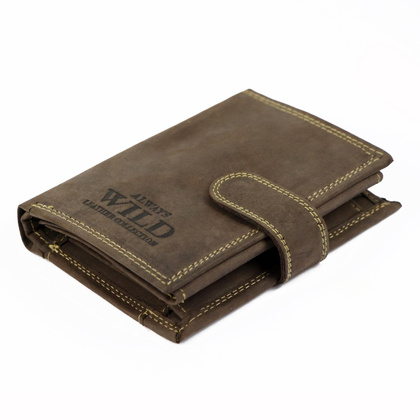 Pionowy, zapinany portfel męski z zewnętrzną kieszonką na kartę