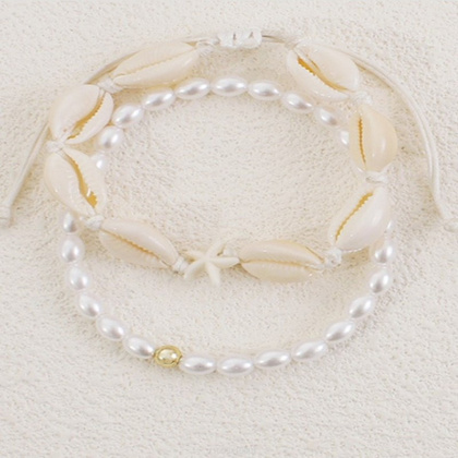 Bransoletka 2w1 na stopę MUSZELKI na sznurku, rozgwiazda PEREŁKI B544