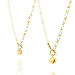 Naszyjnik stal szlachetna pozłacana 14k złotem, SERCE, perły NST2213