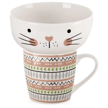 Kubek z miseczką dla dziecka porcelanowy kot 2 el.