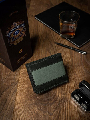 Poziomy portfel z elementami jeansu skora naturalna nubuk