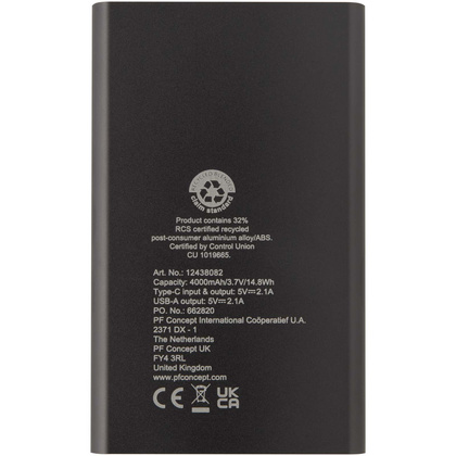 Pep powerbank o pojemności 4000 mAh Type-C z aluminium pochodzącego z recyklingu