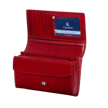 Czerwony damski portfel skórzany Canaletto – naturalna skóra garbowana roślinnie, RFID, tłoczone logo PD1634s8 RFID GR