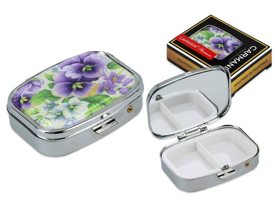 Puzderko na tabletki, prostokątne z lusterkiem - Fioletowe bratki (CARMANI)