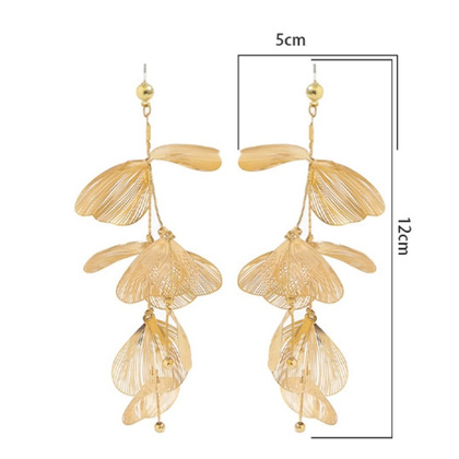 Kolczyki wiszące tiulowe złote efektowne kwiaty 5x12cm K1678