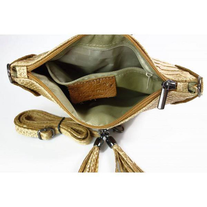 Skórzana włoska listonoszka ,wężowa skórka,frędzelki camel LP149C