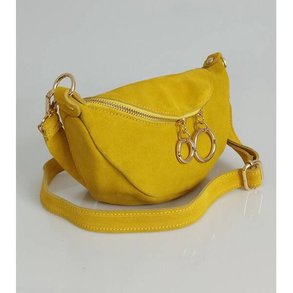 Żółta zamszowa listonoszka - nerka Włoska Vera Pelle złote okucia kółka LN633GIA