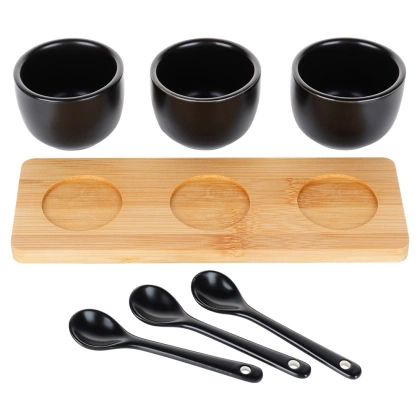 Miseczki na przekąski z łyżeczkami ceramiczne czarne 90 ml 7 el.