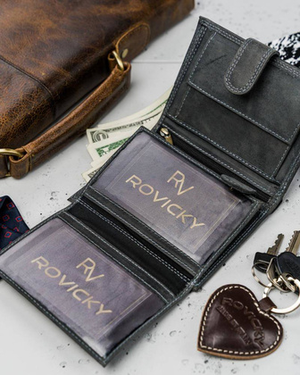 Pionowy, zapinany portfel męski z zewnętrzną kieszonką na kartę