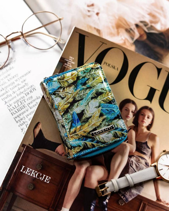 Portfel damski ze skóry naturalnej w piórka